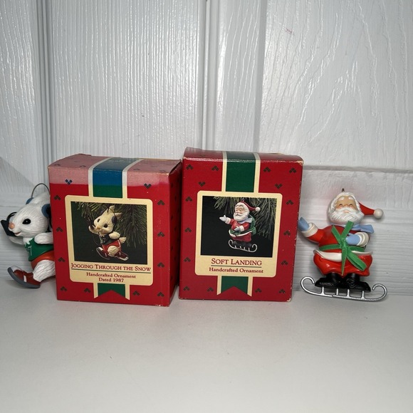 2 VTG Hallmark Ornaments-Bunny "Jogging through The Snow" & Santa "Soft Landing" - Picture 1 of 7